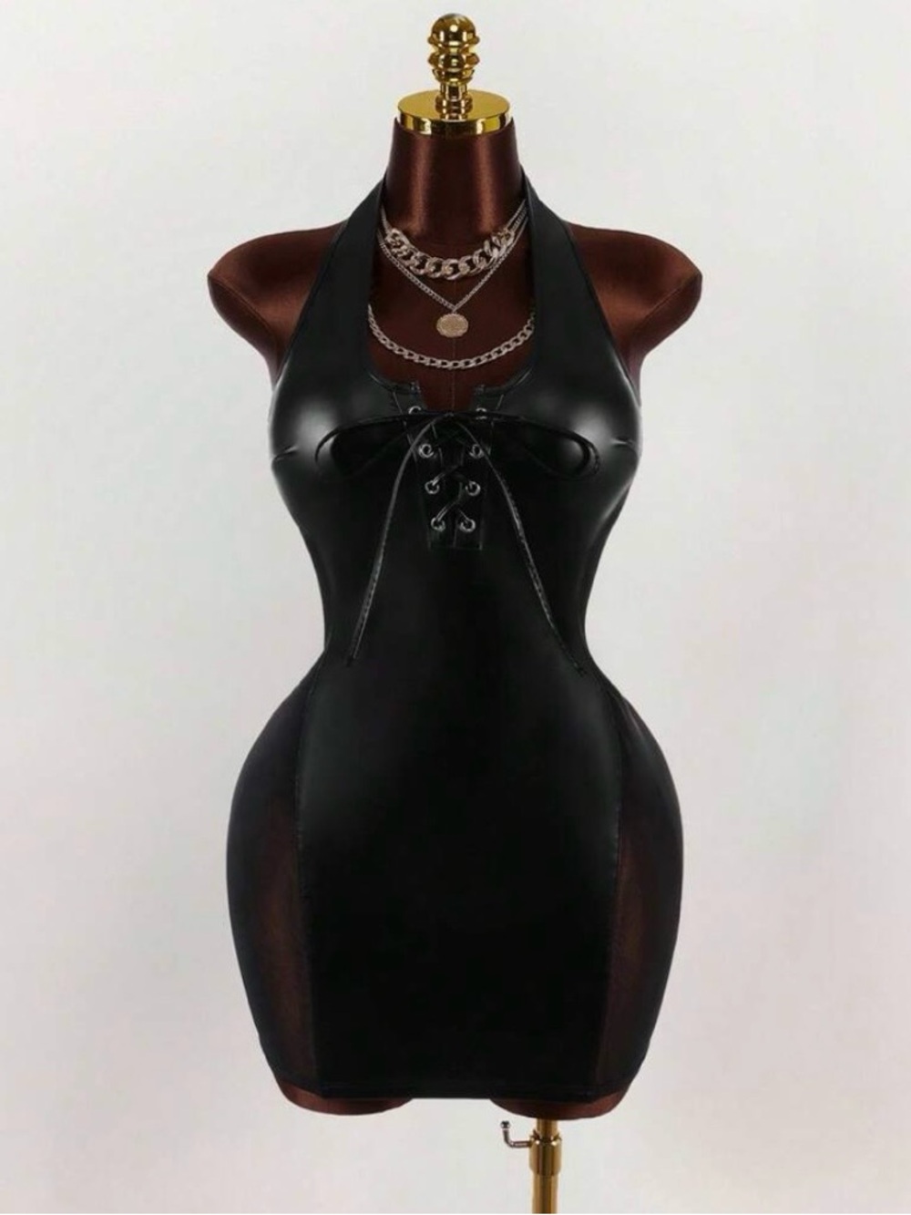 SHEIN Black Halter Lace-Up Faux Leather Bodycon Mini Dress